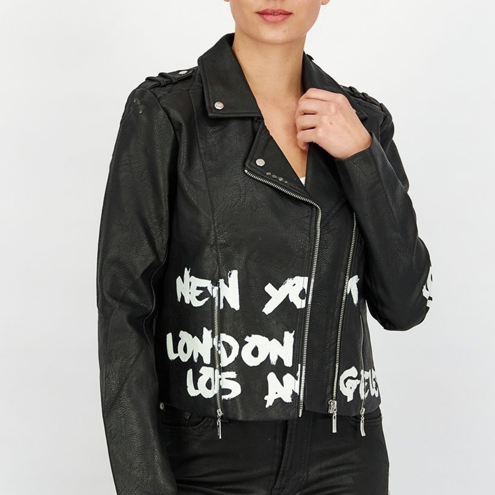 Guess Black and White Leather Jacket with Graffiti Design